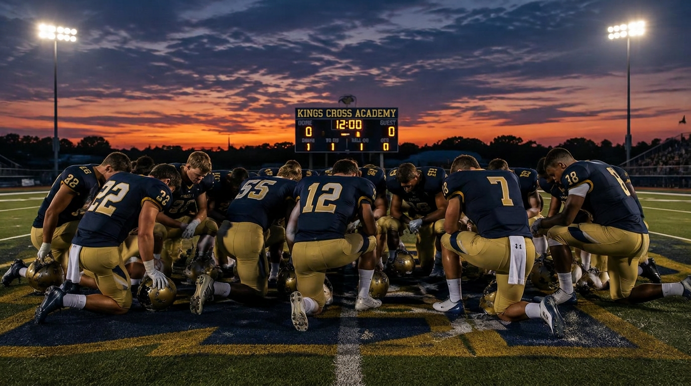 Lions football team kneeling in prayer before a game